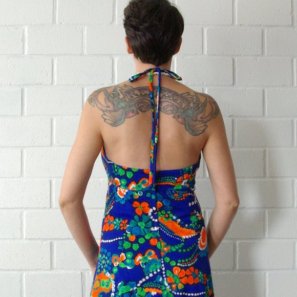 Blue Hawaiian Flounced 70s Halter Maxi Dress - Picture 9 of 15